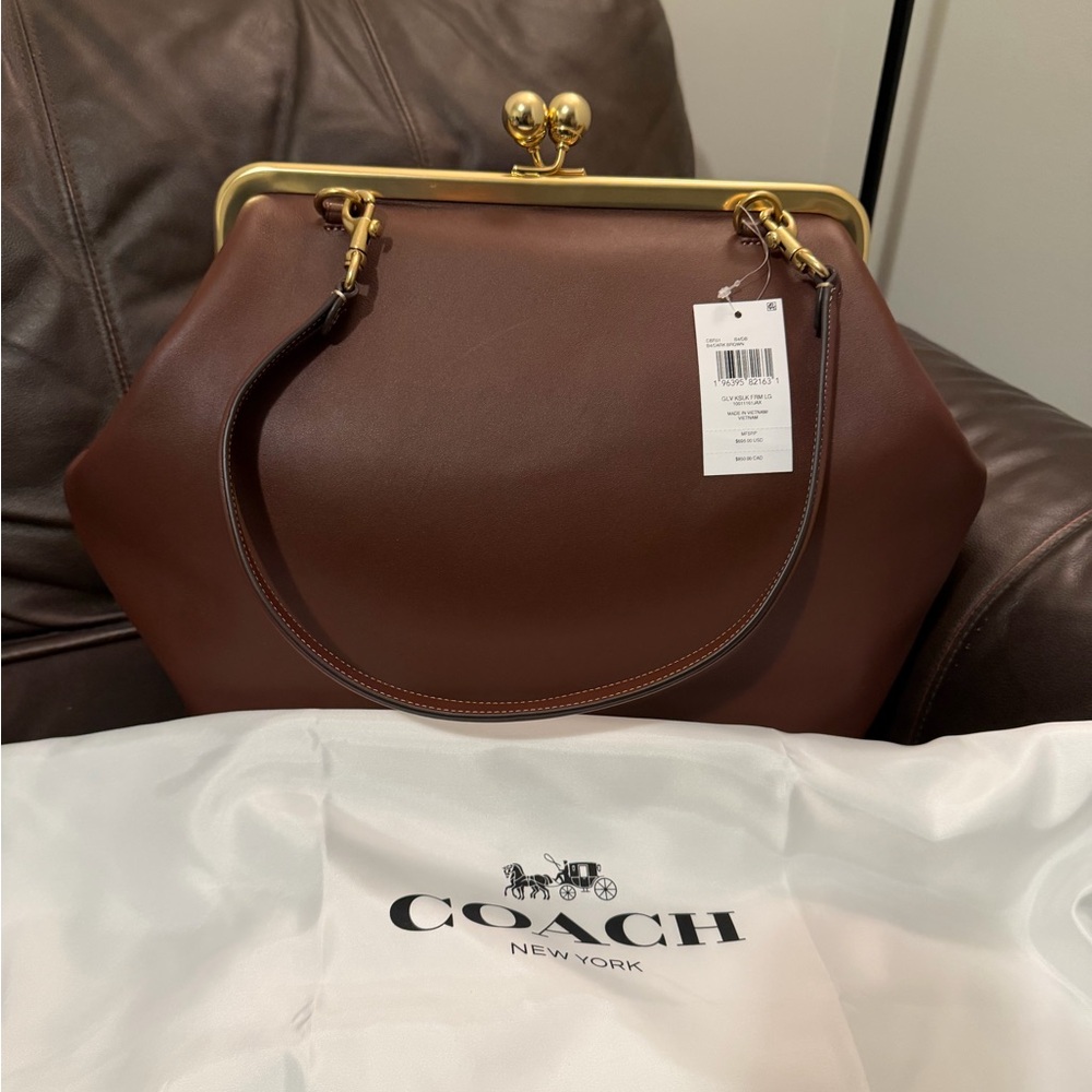 Coach Large Kisslock Frame Bag Designer Crossbody Brass/Brown w/Scratch - Picture 4 of 16